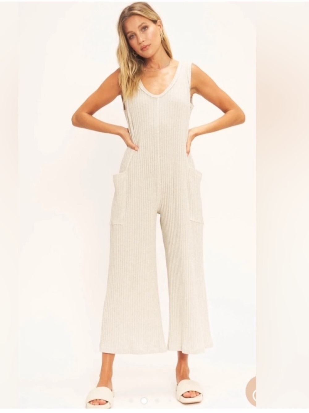Project Social T Santa Maria Ribbed Jumpsuit Wide Leg Crop Ash Size S